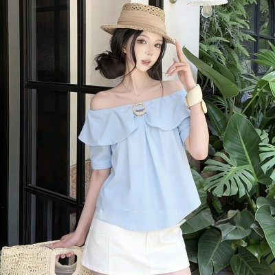 一字领荷叶边宽松衬衫